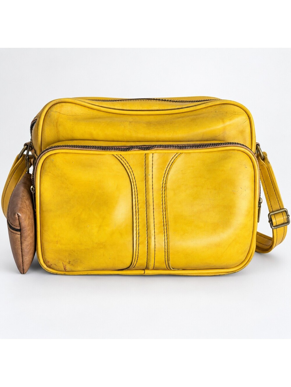 Vintage Yellow Leather Large Travel Bag with Brown Pouch